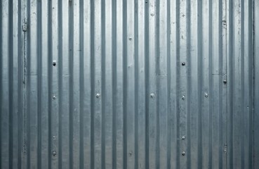 Corrugated galvanized steel sheet wall. Vertical ribbed texture. Industrial material, construction background. Metallic surface, silver grey color, outdoor fence.
