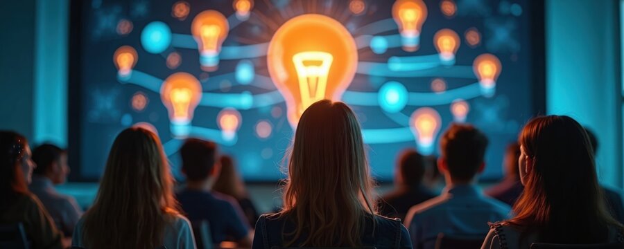 Diverse group watches bright ideas on screen. People attend a virtual learning session, engaging with visual concepts and collaborative thought processes in an innovative atmosphere.