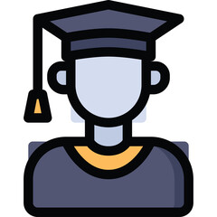 Illustration of a graduate wearing a cap and gown symbolizing academic achievement and knowledge in a simple graphic style on a transparent background
