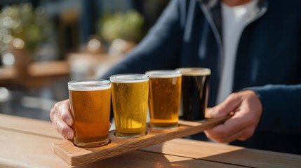 A brewery expert guiding guests through a craft beer taste-tasting flight, colorful glasses lined up on a wooden paddle showing a gradient from pale gold to deep amber — craft brewing culture,