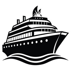 Sleek black cruise ship sails calmly across simulated ocean waves in striking monochrome