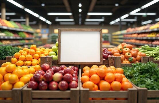 Grocery store produce section. Organic fruits, vegetables displayed in crates. Oranges, apples, greens are visible. Blank sign for ads. Healthy eating, retail food market focus.