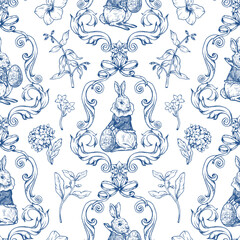 Easter rabbit seamless vector pattern with eggs flowers vintage toile style holiday design