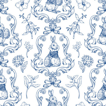 Easter rabbit seamless vector pattern with eggs flowers vintage toile style holiday design