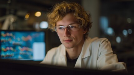 A scientist analyzing data from an ultra-sensitive spectrometer, colorful wavelength graphs reflected in their safety glasses as micro-particles are measured at subatomic precision — advanced lab