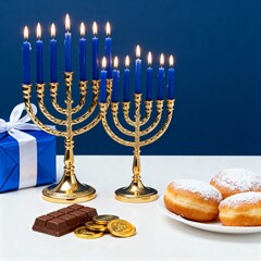 Golden Hanukkah menorah with lit blue candles displayed beside wrapped gifts, sufganiyot donuts, chocolate and gelt coins on a clean surface, celebrating the warm traditions of the Jewish holiday.