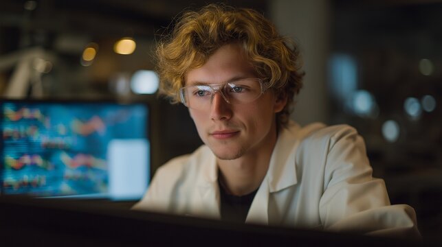 A scientist analyzing data from an ultra-sensitive spectrometer, colorful wavelength graphs reflected in their safety glasses as micro-particles are measured at subatomic precision — advanced lab