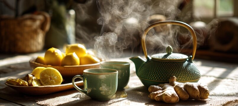 Morning Herbal Tea Ritual with Steam in Sunlit Setting