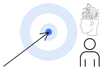 Bullseye target with arrow, human figure with blooming flowers in open head. Ideal for focus, growth, innovation, creativity, self-improvement, mindfulness and personal goals. Simple flat metaphor
