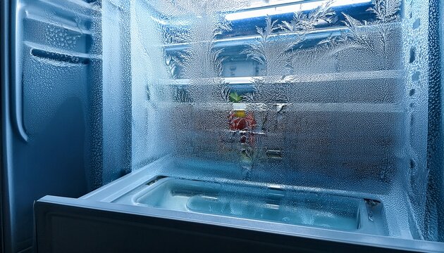 frost buildup inside freezer showcasing ice and condensation on surfaces