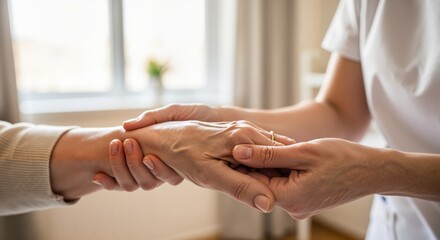 Close up of nurse holding hand of elderly patient. Caregiver comforting senior woman in hospital or nursing home. Healthcare support and empathy concept