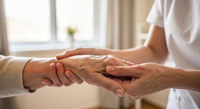Close up of nurse holding hand of elderly patient. Caregiver comforting senior woman in hospital or nursing home. Healthcare support and empathy concept