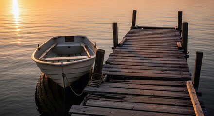 Small boat moored to a wooden pier at sunset on a peaceful lake