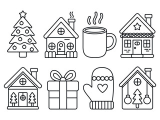 A festive collection of Christmas-themed line art icons including houses, a tree, a gift, and a mitten.