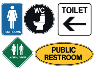 A collection of various restroom and toilet signs for public facilities.