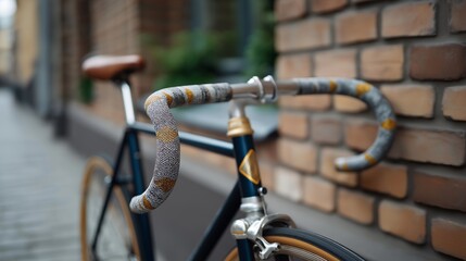 A vintage bicycle resting against a brick wall with close-up focus on chrome handlebars wrapped in retro fabric tape &mdash; nostalgia cycling, classic bike design, and vintage lifestyle aesthetics.