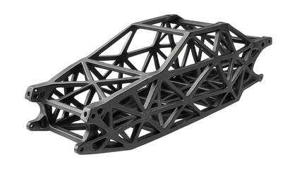 Lattice-structured space frame chassis with an angular design.