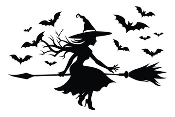 Stylish witch flies on her broomstick silhouette, surrounded by bats, making a stunning Halloween silhouette
