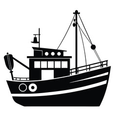 Stylized black and white fishing boat shows a detailed ship with rigging