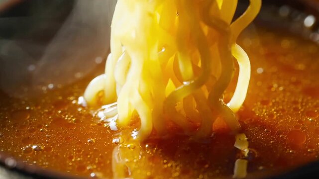 Extreme macro shot of rich ramen broth shimmering with oil droplets as chopsticks lift glowing noodles upward, creating soft ripples and rising steam for a warm appetizing food moment.
