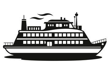 Obraz premium The black silhouette of a classic ferry ship sails across calm waters smoothly now