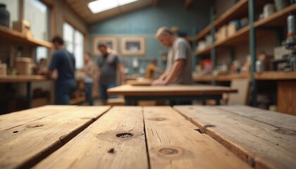 Rustic wooden table fills foreground, showing natural wood texture. Blurred people work diligently on crafts in spacious, sunlit workshop. Artisans making custom handmade items. Creative studio busy.