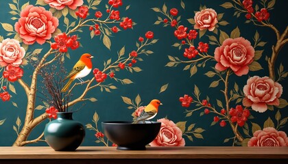 Editorial illustration shows Chinoiserie wallpaper with stylized birds, large red peonies. Golden branches twine with blooming flowers on dark teal background. Elegant Asian decorative motifs used.