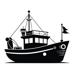 The silhouette shows a black vintage fishing vessel with nautical equipment and a flag