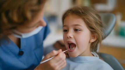 A dental technician applying a protective enamel-strengthening varnish to a child's tooth during a routine checkup, soft pastel clinic colors creating a calm, kid-friendly atmosphere — pediatric