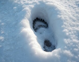 Close-up of a clear deer footprint in soft white snow. The animal trace shows winter wild nature. A single hoof print marks the cold ground, revealing wildlife presence in cold winter forest path.