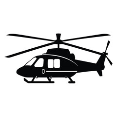 The striking silhouette shows the helicopter side view, its rotating blades dominating the stark backdrop