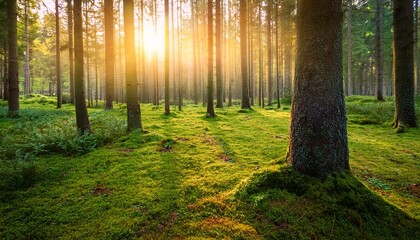 Obraz premium mystical sunrise forest with soft green moss ground