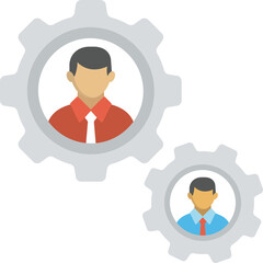 Two stylized male figures represented as icons within interlocking gray gears indicating teamwork and mechanical process on a transparent background
