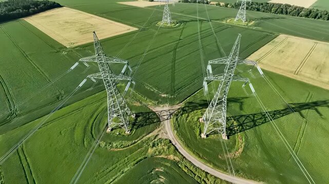 Power lines stretch across a rolling field, parallel tracks that seem to disappear into the distance, showcasing technological infrastructure supporting modern life while coexisting with.