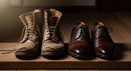 Comparison of Worn Boots and Polished Leather Shoes on Wooden Surface