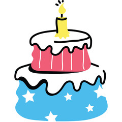 Two Tiered Pink and Blue Birthday Cake With White Frosting and A Yellow Candle On Top And White Stars On The Bottom Tier Isolated On White Background