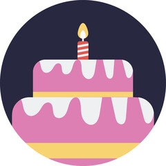 Two Tiered Pink Birthday Cake With White Frosting And Red Striped Candle Lit On Top Against A Dark Blue Background Ideal For Celebrations