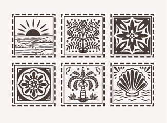 Tropical frame black and white decorative tiles with palm tree ocean vector design
