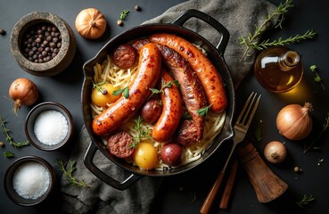 Hearty Alsace choucroute garnie dish with sausages, pork, and potatoes served in a cast iron pan. This traditional meal includes sauerkraut, onions, spices, and oil for a rich flavor.
