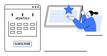 Monthly subscription calendar with subscribe button and person interacting with tablet featuring a star icon. Ideal for subscription management, user engagement, loyalty, planning, scheduling