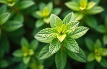 Fresh green leaves grow in garden. Vibrant foliage shows natural beauty. Healthy plant life thrives outdoors in summer sun. Closeup view of organic herb leaves, perfect for eco-friendly content.