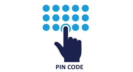 A hand is pressing a blue button within a grid of circles labeled pin code