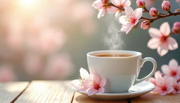 Coffee cup with pink spring blossoms on wooden desk. Hot drink with flower arrangement. Cozy morning with fresh aroma. Coffee break on sunny day relax time.