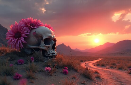 Skull with pink flowers sits in arid desert landscape during sunset. Craggy mountains and winding road stretch into distance. Dry grass and small blooms dot sandy terrain.