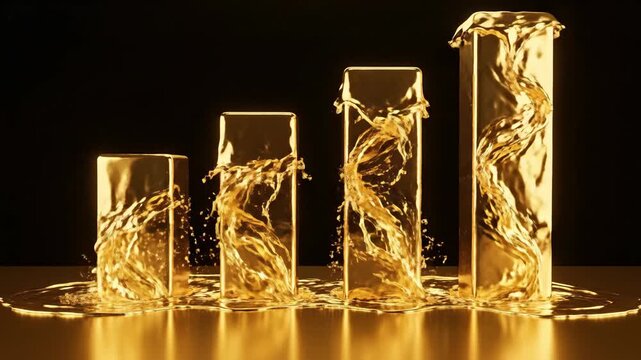 Abstract animation of golden bars melting from solid prisms to liquid splashes. Geometric structures deforming and dripping in metallic transformation sequence.