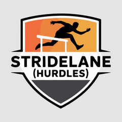 Obraz premium Stridelane hurdles shield logo with hurdler silhouette and barrier, fast track athletics team emblem, competition badge vector for race uniforms and clubs
