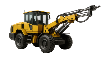 Articulated drilling vehicle with built-in control cabin and rotating base.