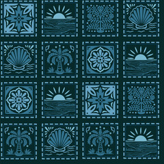 Tropical frame seamless pattern with palm tree seashell sun ocean tile vector