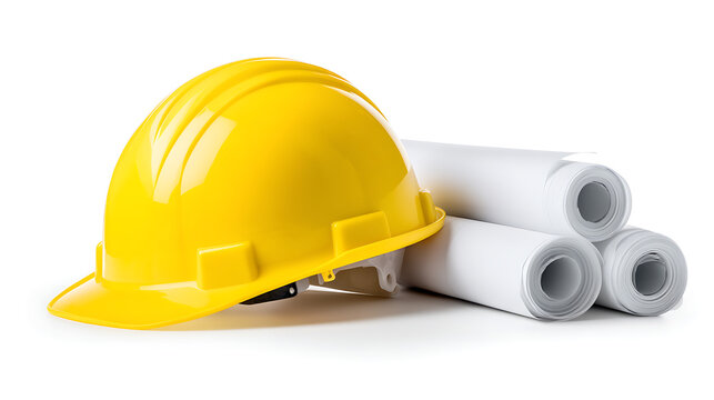 A yellow safety hard hat is placed next to a roll of paper