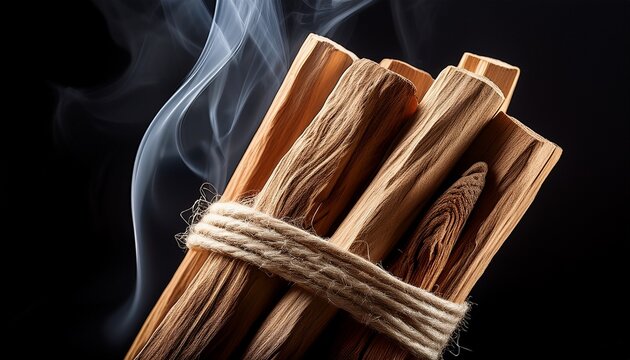close up of bound palo santo wood sticks against a stark black background for conceptual use